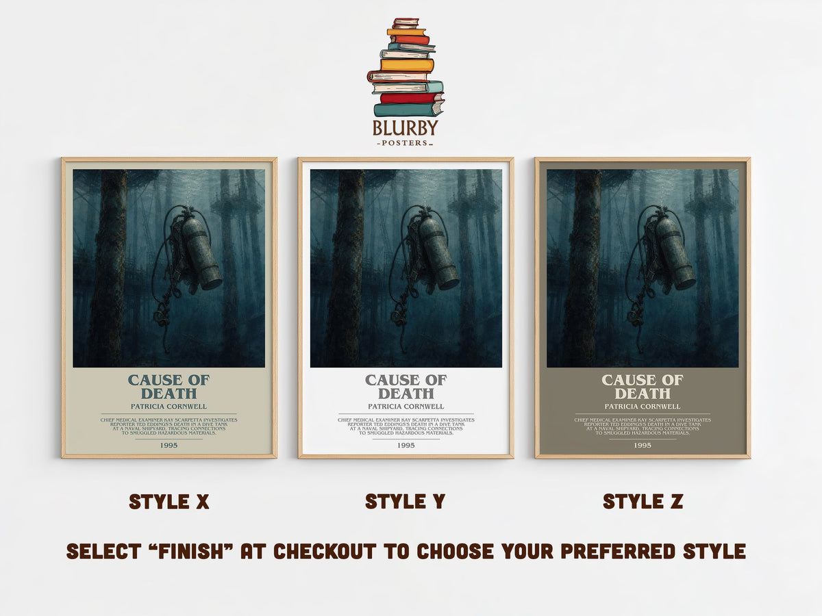Cause of Death bookish print in frame leaning in hallway – crime wall art (mockup)