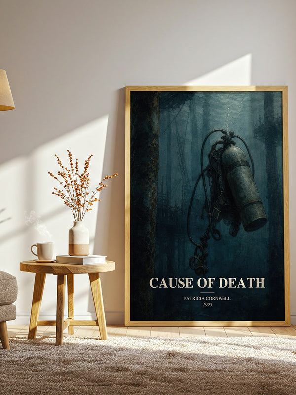 Cause of Death watercolour print in frame leaning in hallway – crime wall art