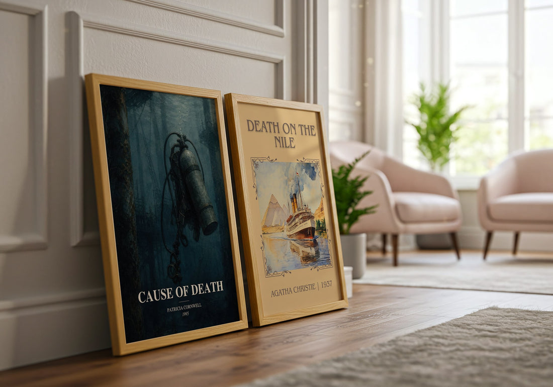 Cause of Death watercolour print framed by window – literary home decor
