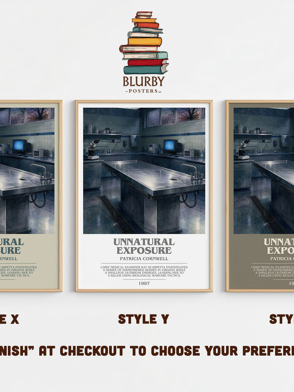 Unnatural Exposure bookish print in frame leaning in hallway – crime wall art