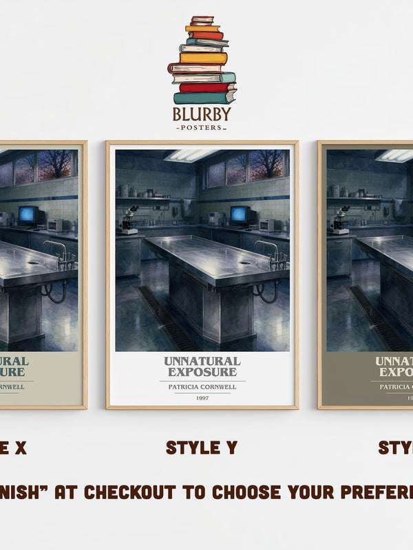 Unnatural Exposure book cover print in frame leaning in hallway – crime wall art