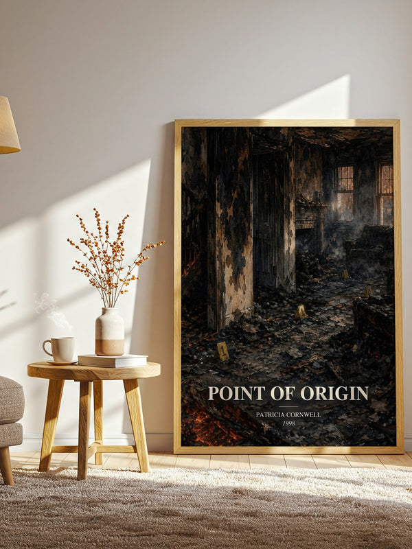 Point of Origin watercolour print in frame leaning in hallway – crime wall art