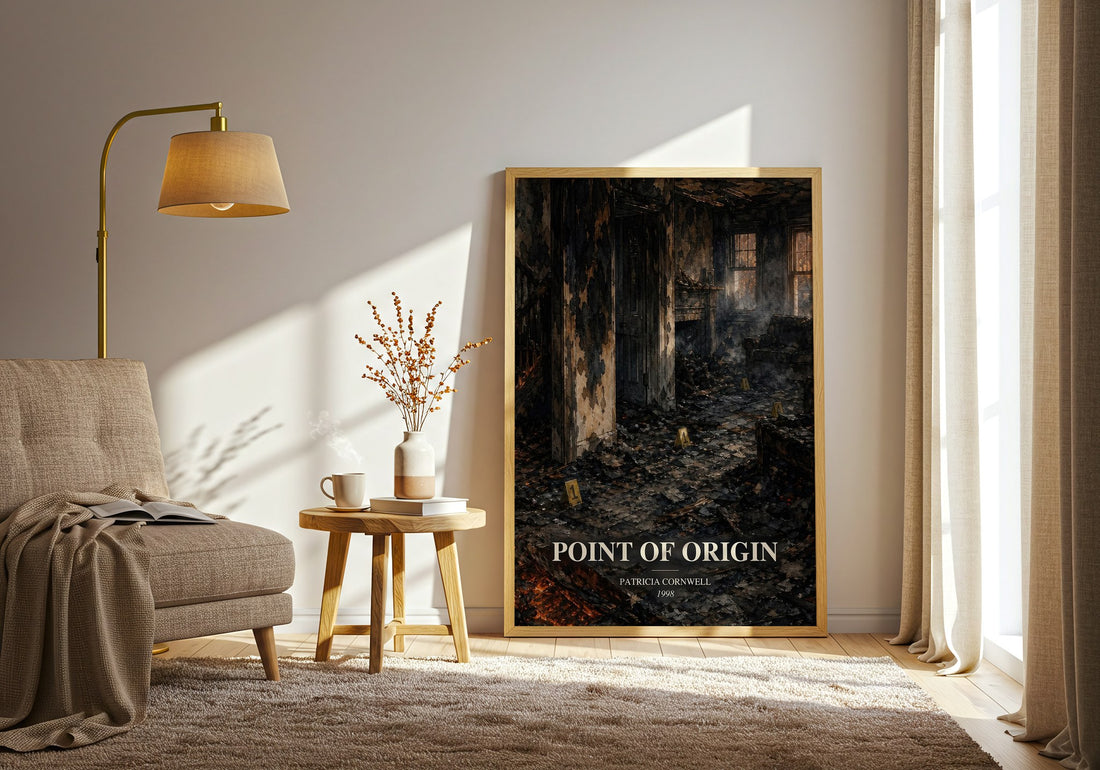Point of Origin watercolour print in frame leaning in hallway – crime wall art