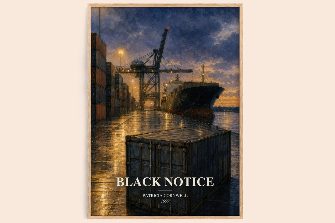 Black Notice watercolour book poster by Patricia Cornwell – framed literary art print