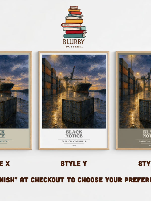 Black Notice book cover print in frame leaning in hallway – crime wall art