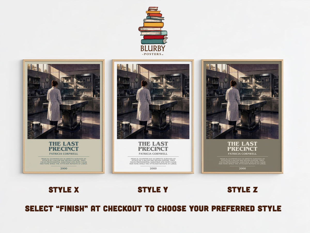 The Last Precinct bookish print in frame leaning in hallway – crime wall art (mockup)