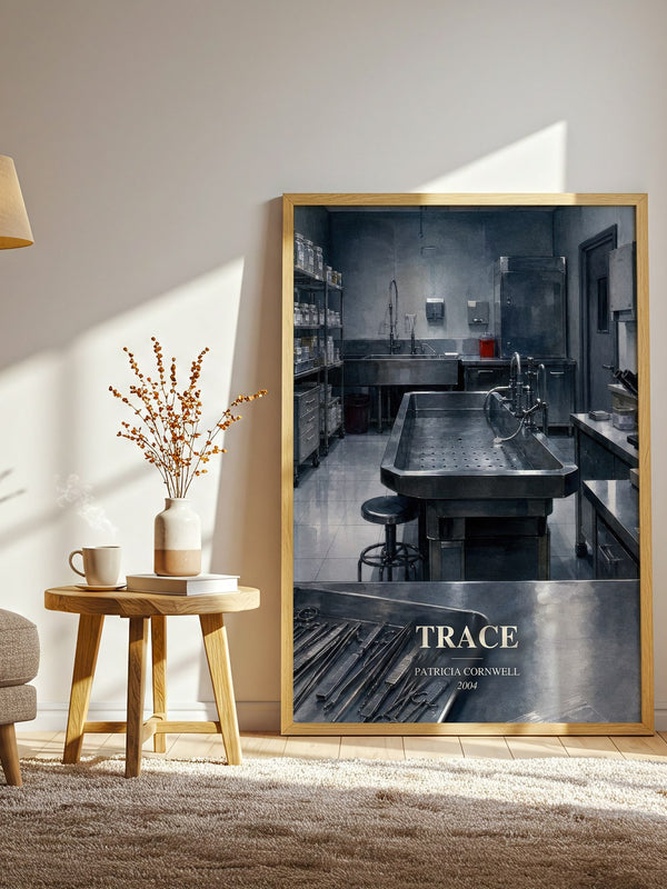 Trace watercolour print in frame leaning in hallway – crime wall art
