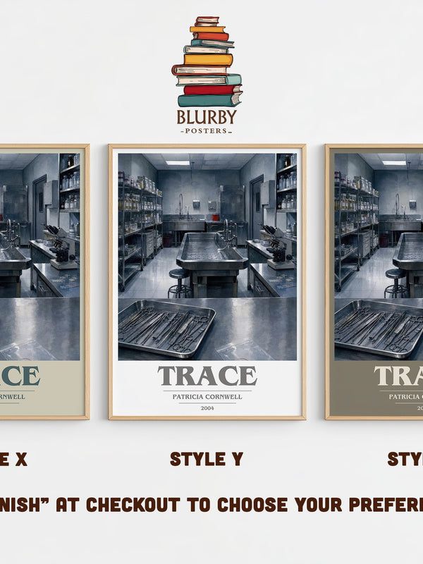 Trace book cover print in frame leaning in hallway – crime wall art