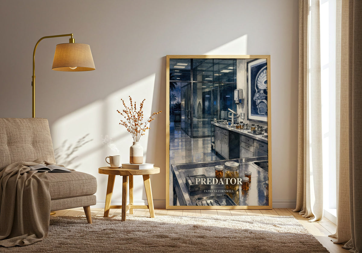 Predator watercolour print in frame leaning in hallway – crime wall art (mockup)