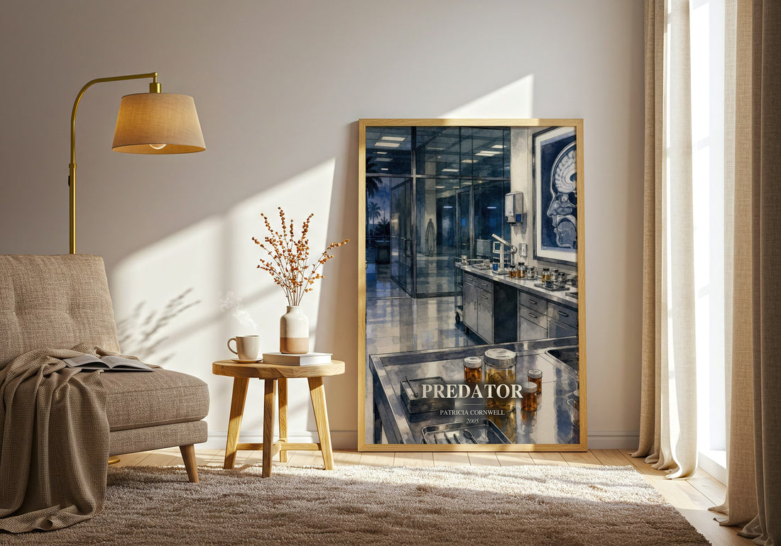 Predator watercolour print in frame leaning in hallway – crime wall art