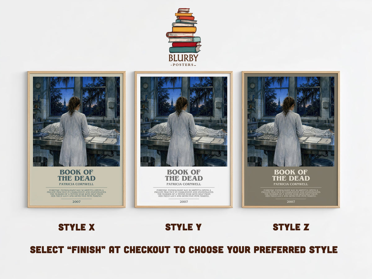 Book of the Dead bookish print in frame leaning in hallway – crime wall art (mockup)