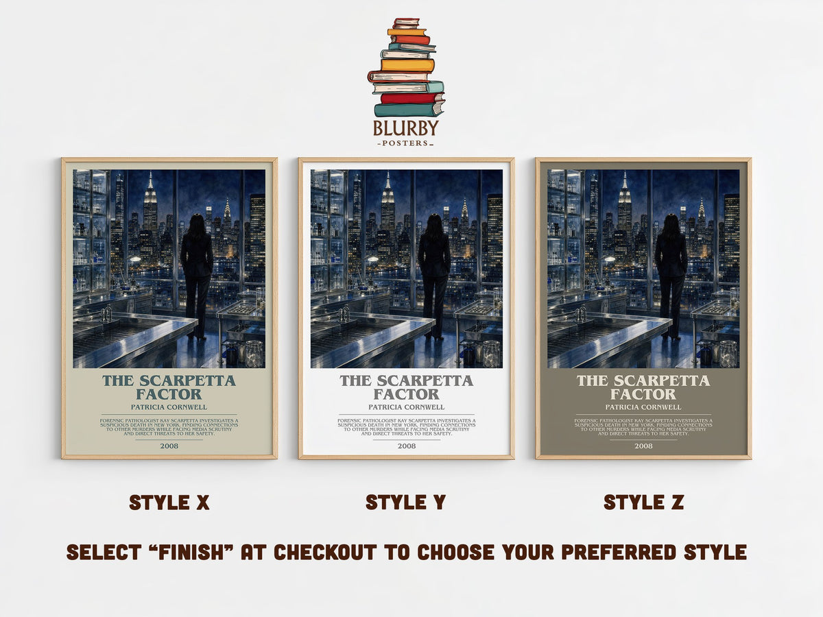 The Scarpetta Factor bookish print in frame leaning in hallway – crime wall art (mockup)