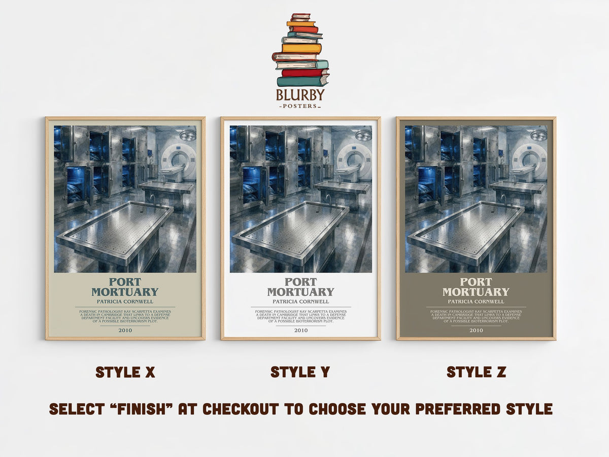 Port Mortuary bookish print in frame leaning in hallway – crime wall art (mockup)