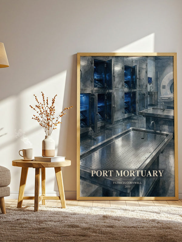 Port Mortuary watercolour print in frame leaning in hallway – crime wall art