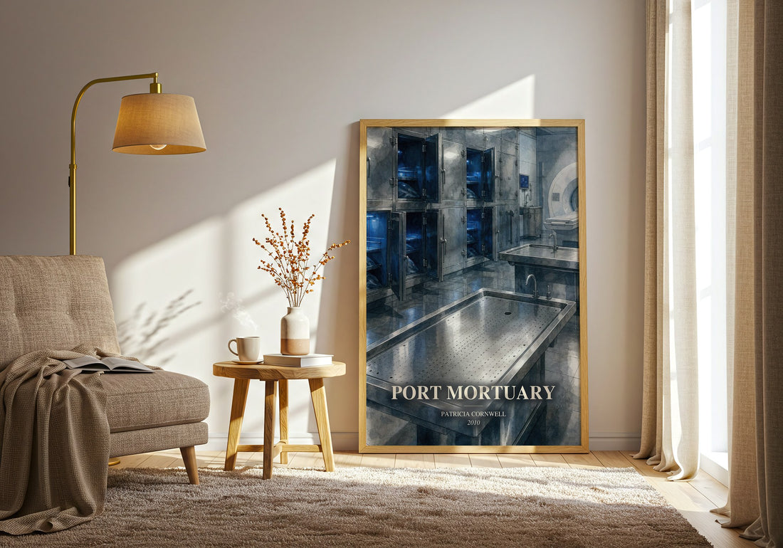 Port Mortuary watercolour print in frame leaning in hallway – crime wall art