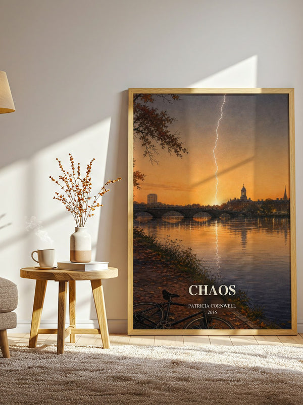 Chaos watercolour print in frame leaning in hallway – crime wall art