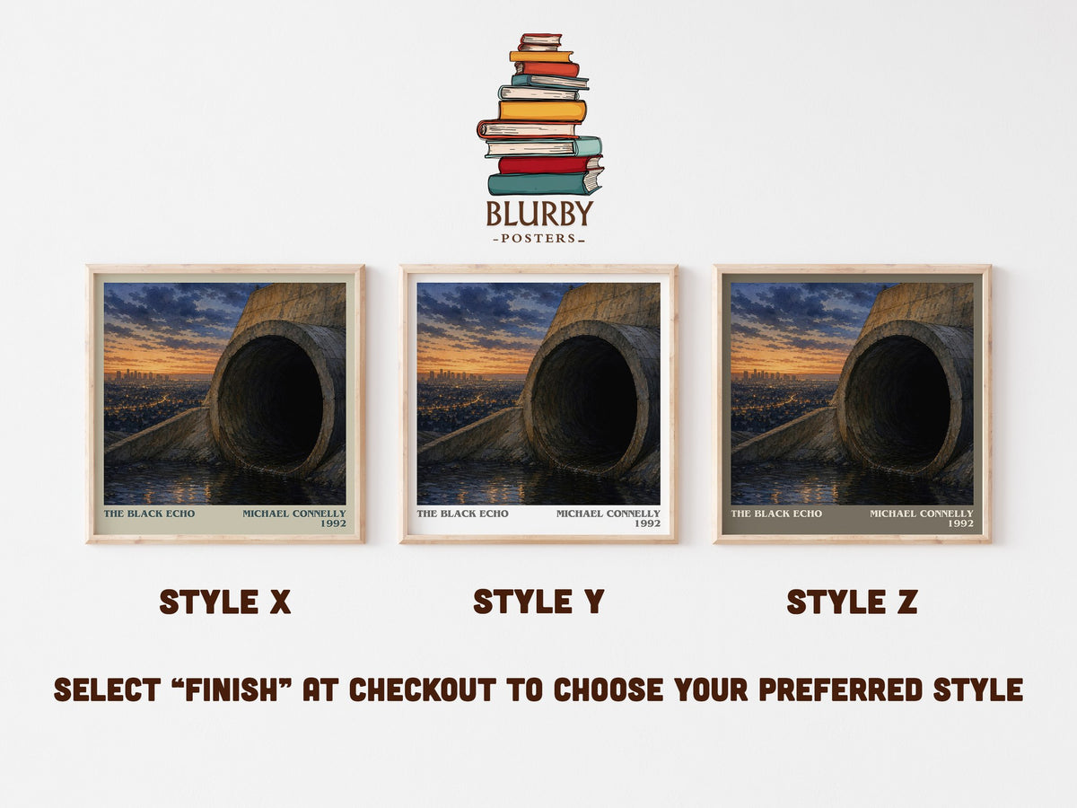 The Black Echo literary print in frame leaning in hallway – crime wall art (mockup)