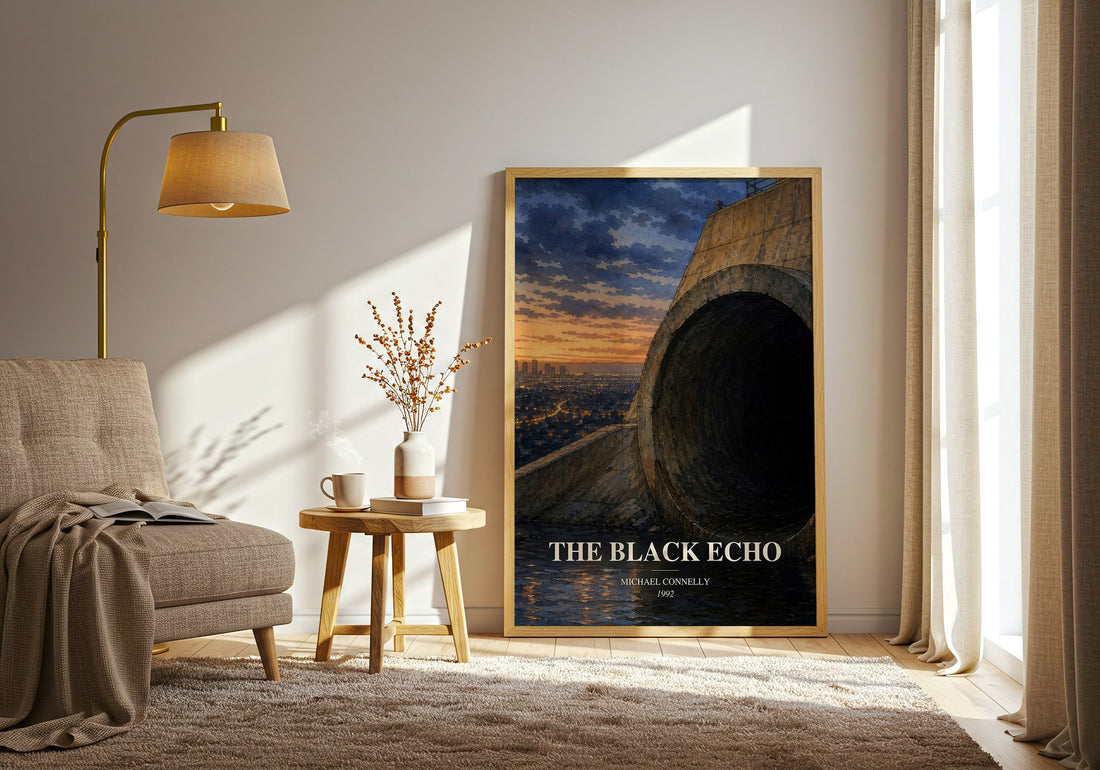 The Black Echo watercolour print in frame leaning in hallway – crime wall art (mockup)