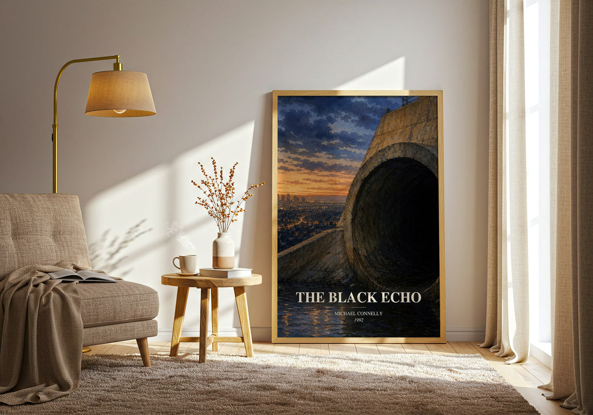 The Black Echo watercolour print in frame leaning in hallway – crime wall art (mockup)