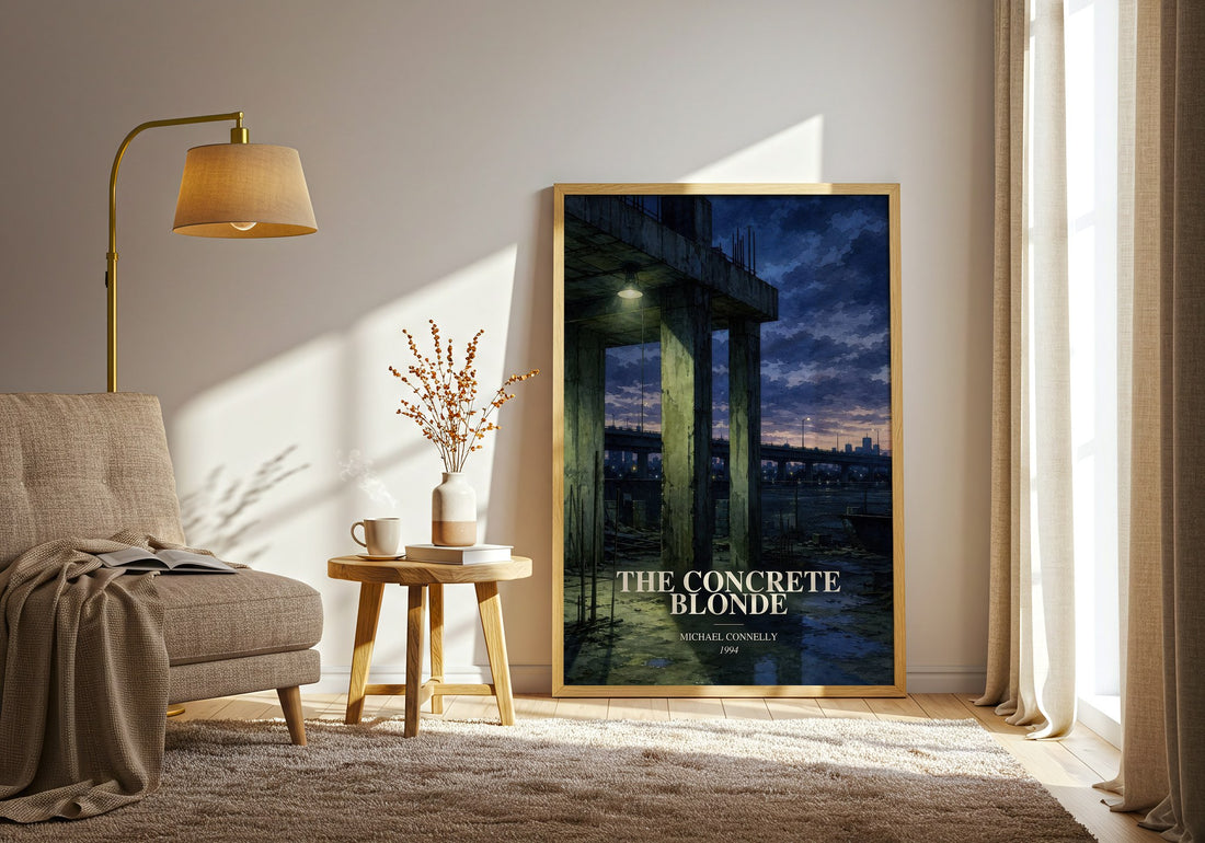 The Concrete Blonde watercolour print in frame leaning in hallway – crime wall art (mockup)