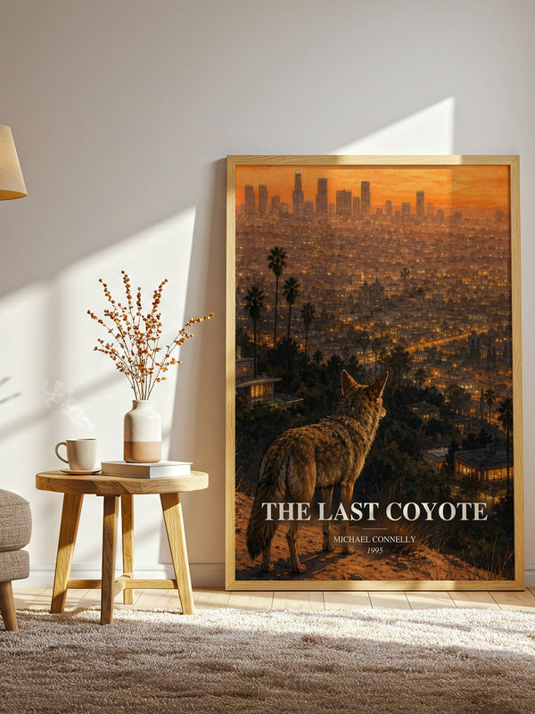 The Last Coyote watercolour print in frame leaning in hallway – crime wall art