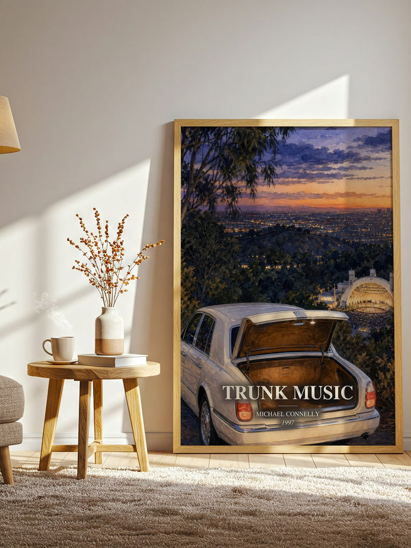 Trunk Music watercolour print in frame leaning in hallway – crime wall art