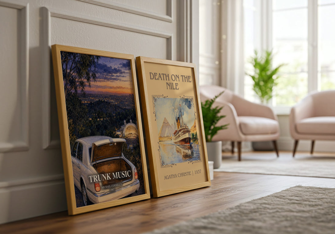 Trunk Music watercolour print framed by window – literary home decor