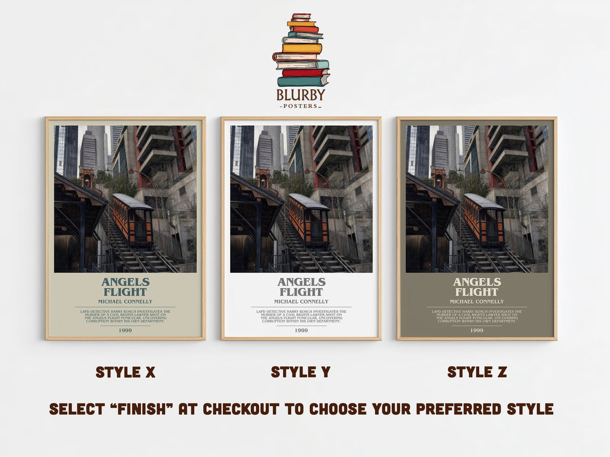 Angels Flight bookish print in frame leaning in hallway – crime wall art (mockup)
