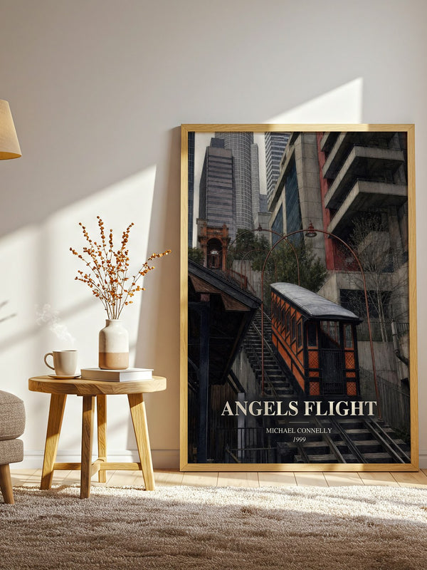 Angels Flight watercolour print in frame leaning in hallway – crime wall art