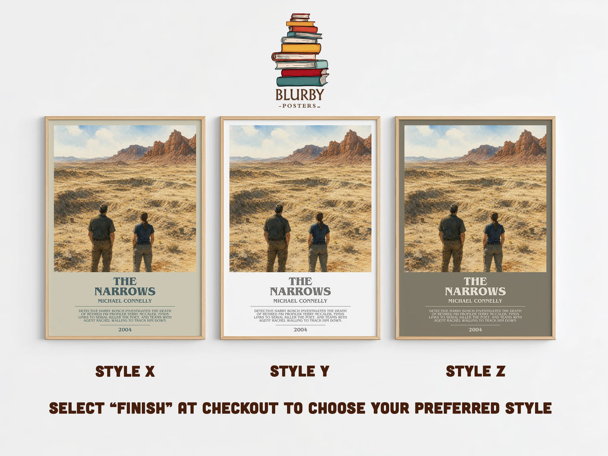 The Narrows bookish print in frame leaning in hallway – crime wall art (mockup)