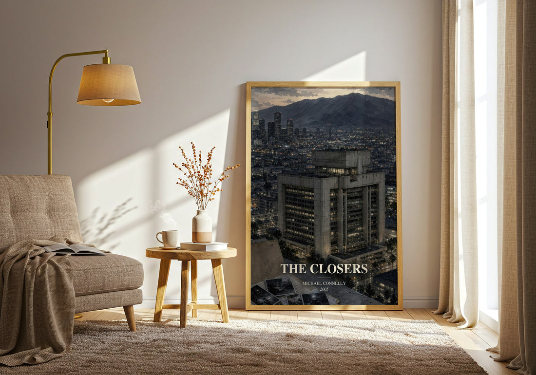 The Closers watercolour print in frame leaning in hallway – crime wall art (mockup)