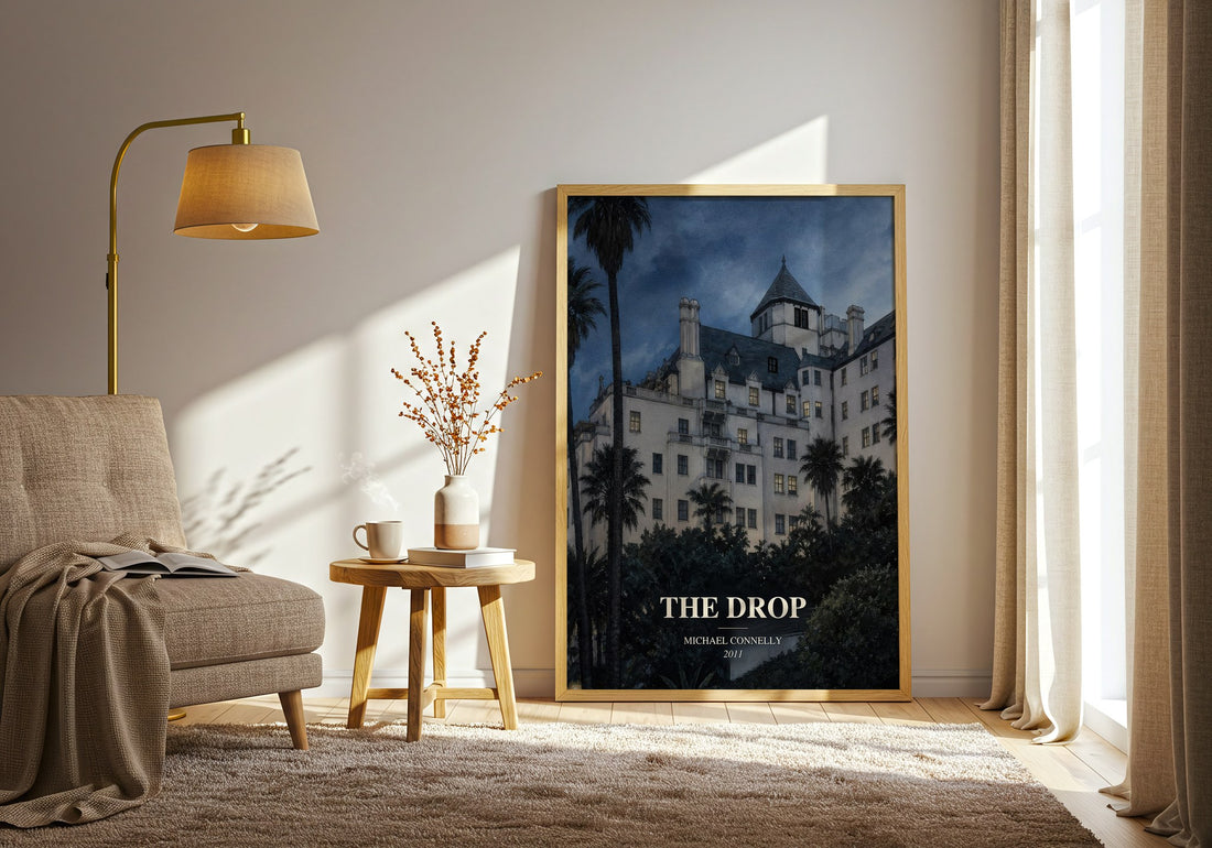 The Drop watercolour print in frame leaning in hallway – crime wall art (mockup)