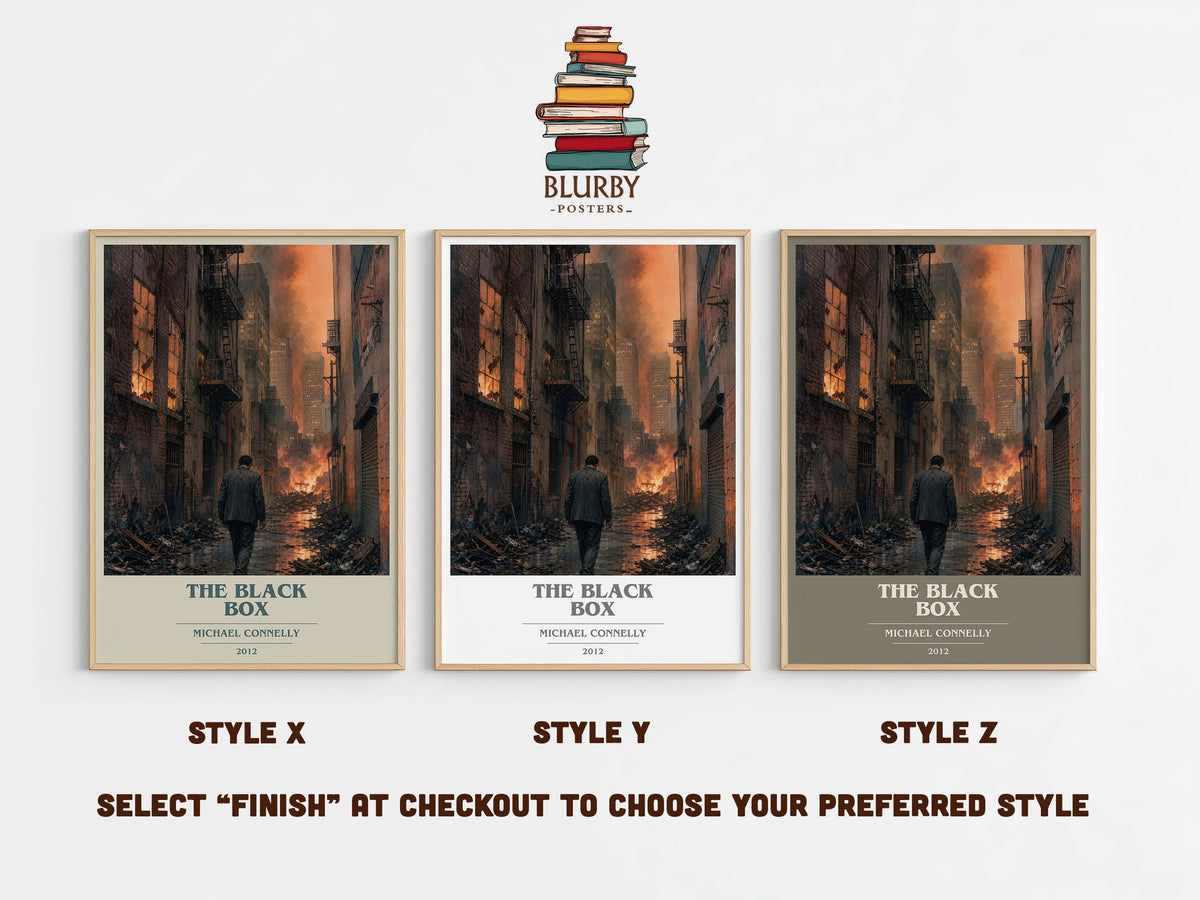 The Black Box book cover print in frame leaning in hallway – crime wall art (mockup)
