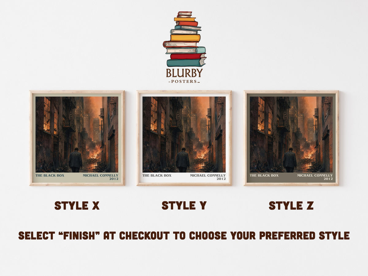 The Black Box literary print in frame leaning in hallway – crime wall art (mockup)