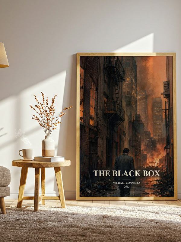 The Black Box watercolour print in frame leaning in hallway – crime wall art