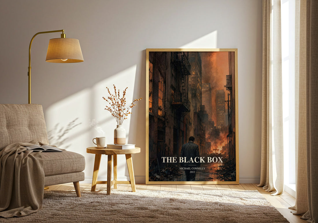 The Black Box watercolour print in frame leaning in hallway – crime wall art (mockup)