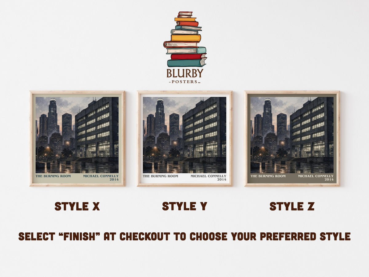 The Burning Room literary print in frame leaning in hallway – crime wall art (mockup)