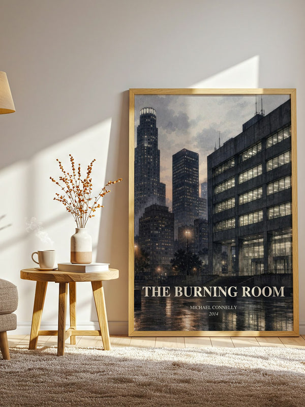 The Burning Room watercolour print in frame leaning in hallway – crime wall art