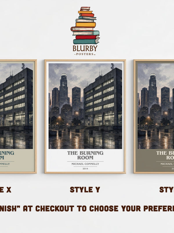 The Burning Room book cover print in frame leaning in hallway – crime wall art