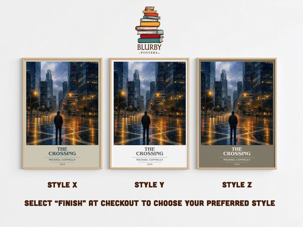 The Crossing book cover print in frame leaning in hallway – crime wall art (mockup)
