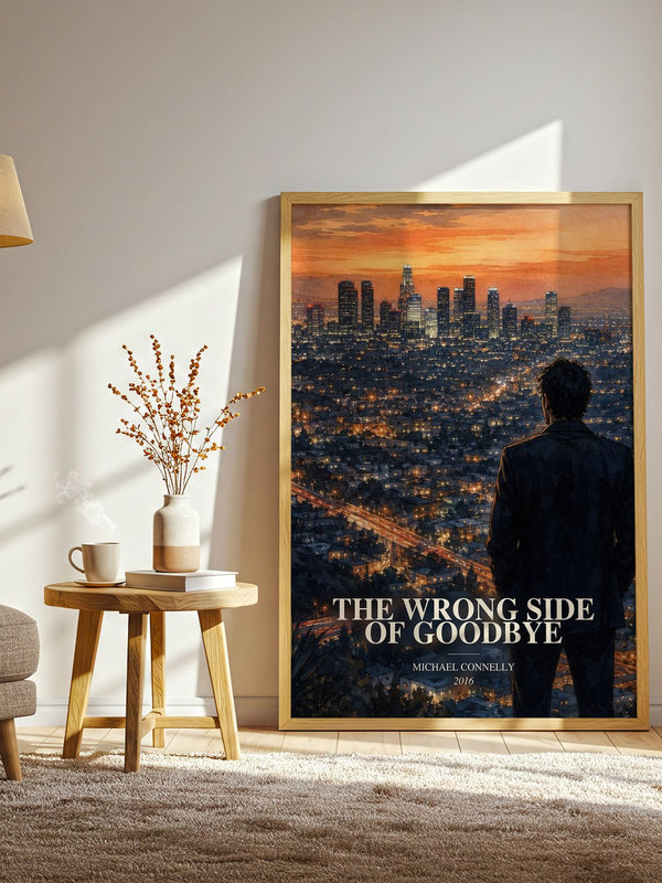 The Wrong Side of Goodbye watercolour print in frame leaning in hallway – crime wall art