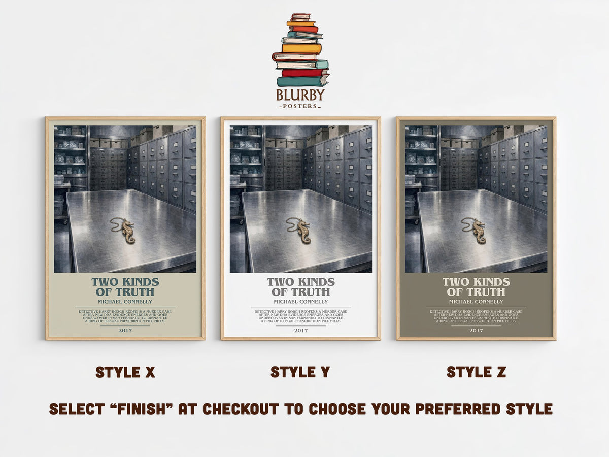 Two Kinds of Truth bookish print in frame leaning in hallway – crime wall art (mockup)