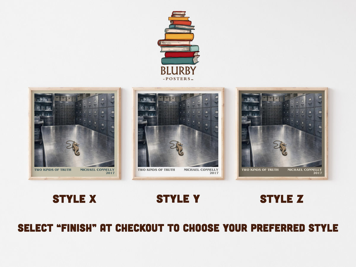 Two Kinds of Truth literary print in frame leaning in hallway – crime wall art (mockup)