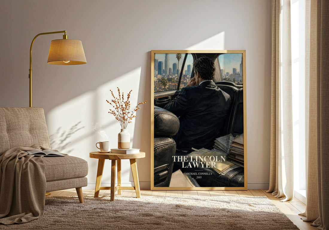 The Lincoln Lawyer watercolour print in frame leaning in hallway – legal thriller wall art (mockup)