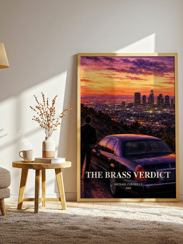 The Brass Verdict watercolour print in frame leaning in hallway – legal thriller wall art