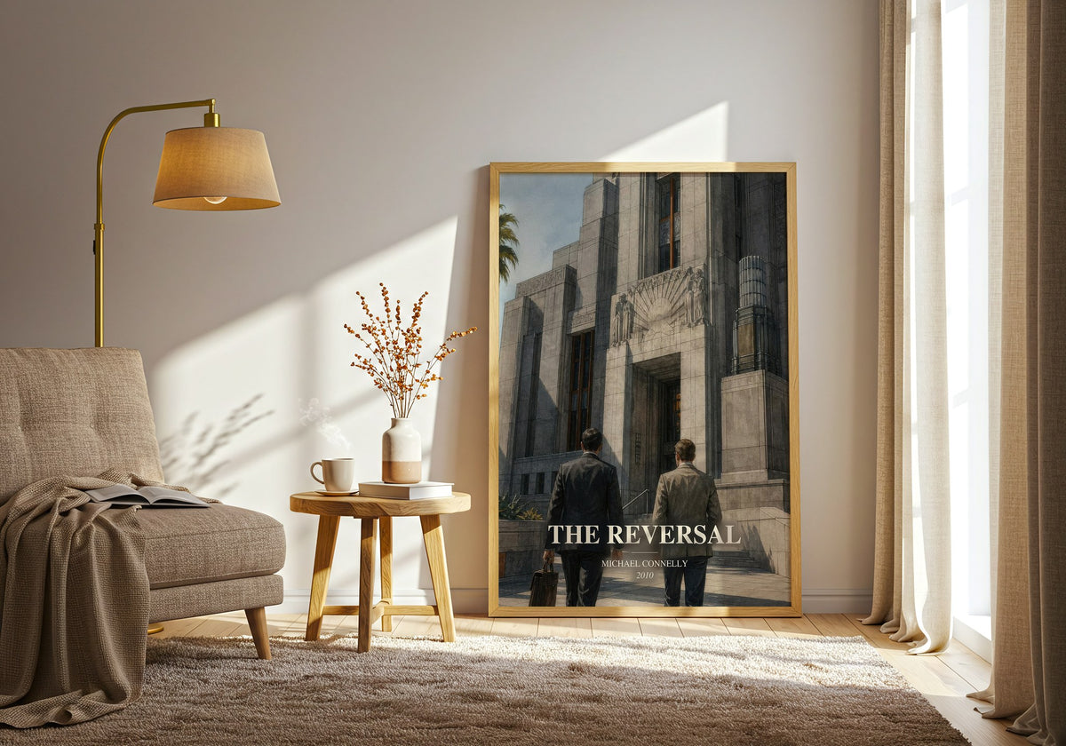 The Reversal watercolour print in frame leaning in hallway – legal thriller wall art (mockup)