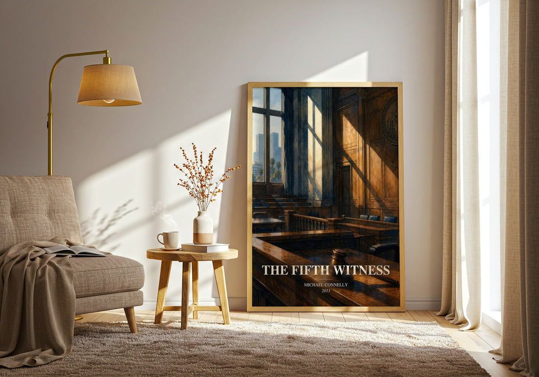 The Fifth Witness watercolour print in frame leaning in hallway – legal thriller wall art (mockup)