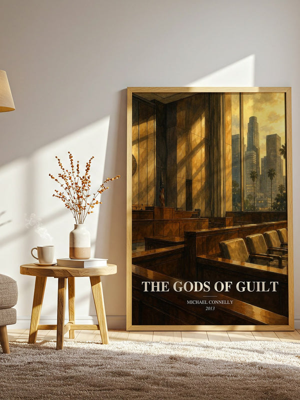 The Gods of Guilt watercolour print in frame leaning in hallway – legal thriller wall art