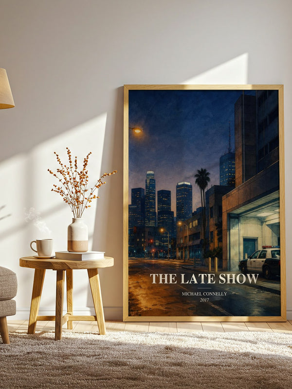 The Late Show watercolour print in frame leaning in hallway – crime wall art