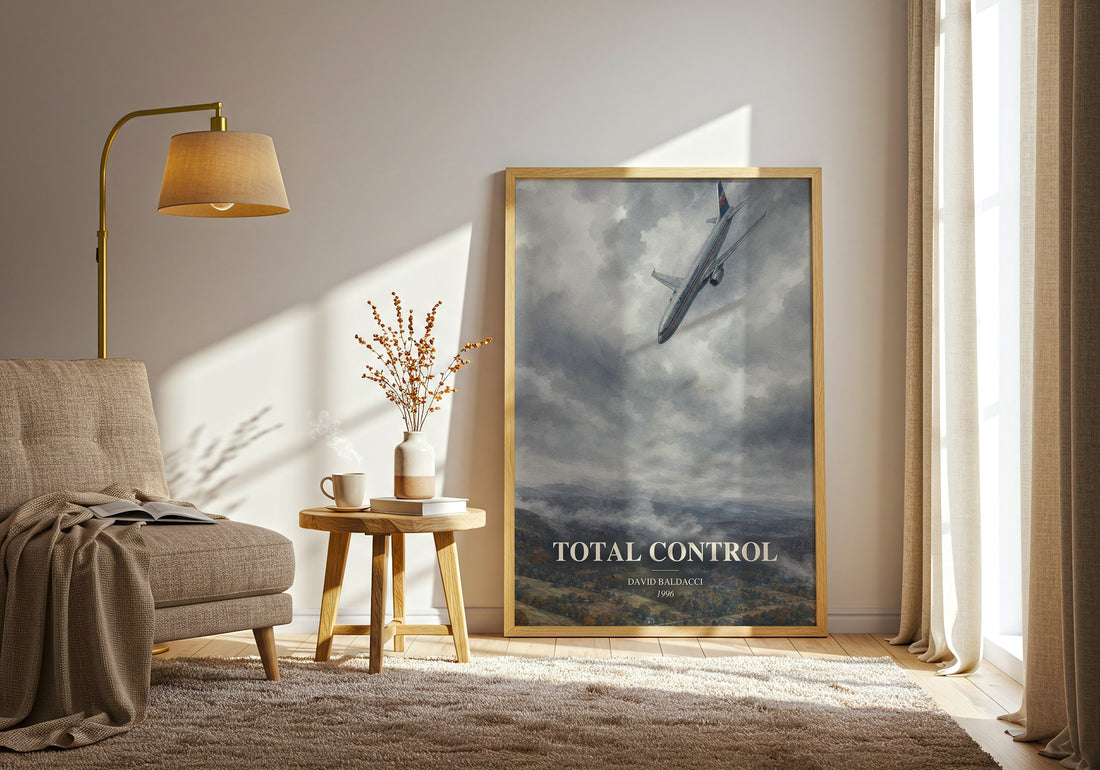 Total Control watercolour print in frame leaning in hallway – thriller wall art (mockup)